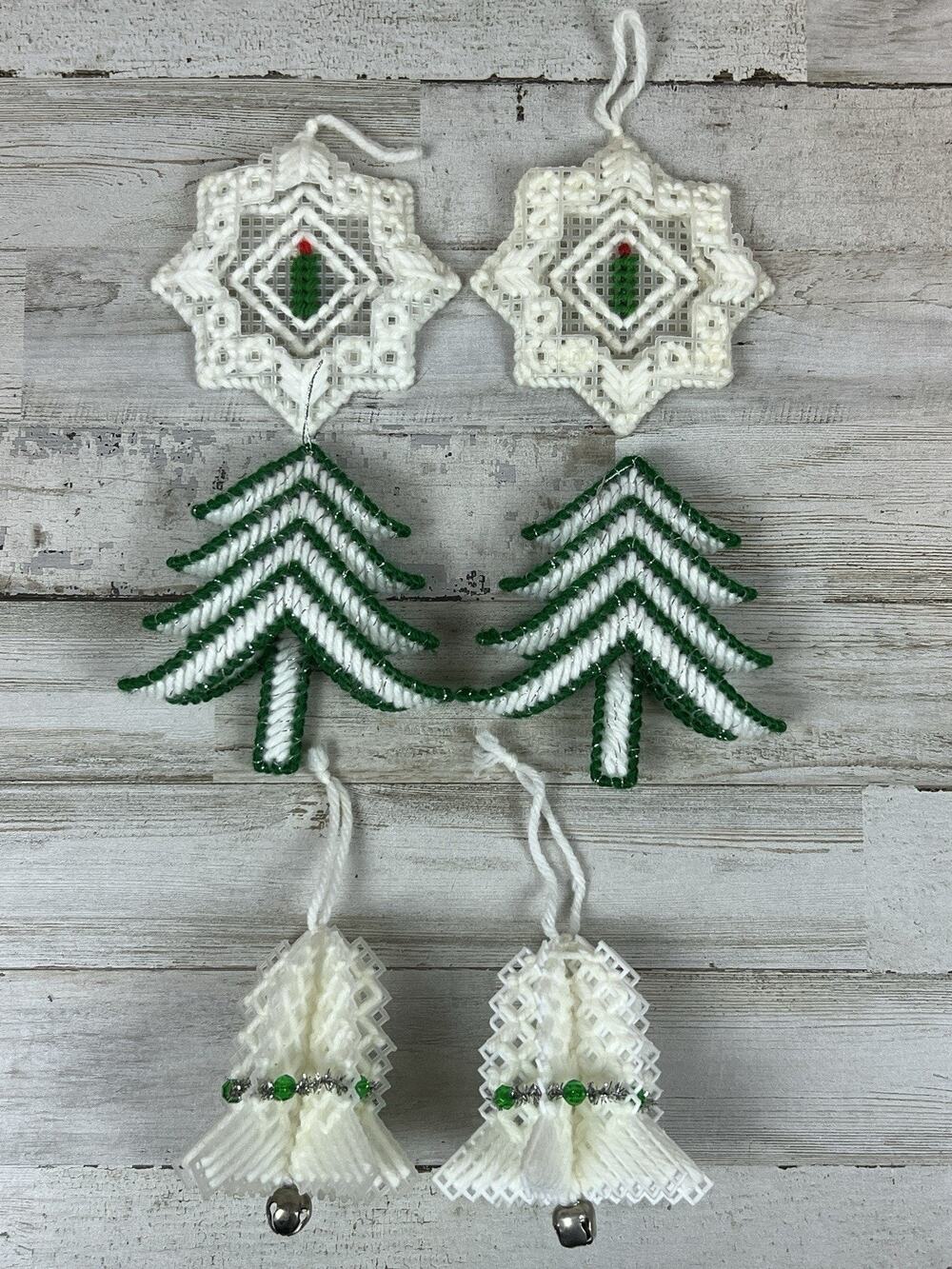 Vintage Handmade Christmas Ornaments Lot 6 Plastic Canvas Bells Trees Snowflakes